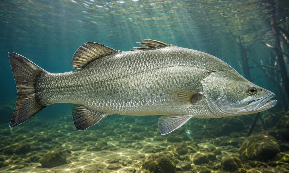 Silver barramundi swimming near mangrove roots.