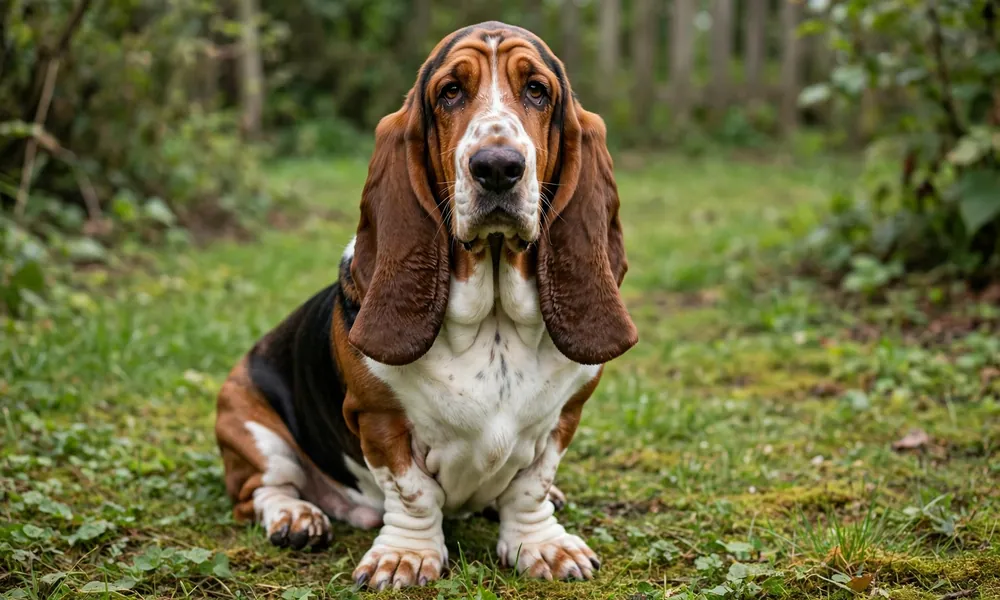  Basset Hound dog with long ears sitting outdoors