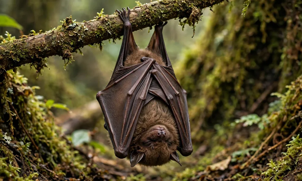Bat hanging upside down from tree branch with wings folded