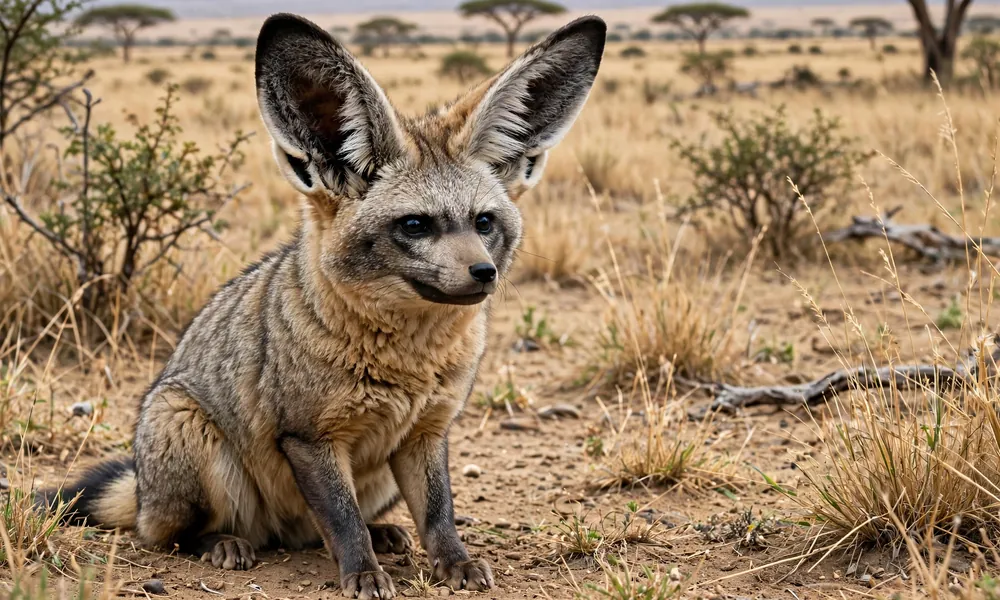 Bat-eared fox with large pointed ears sitting on dry grassland