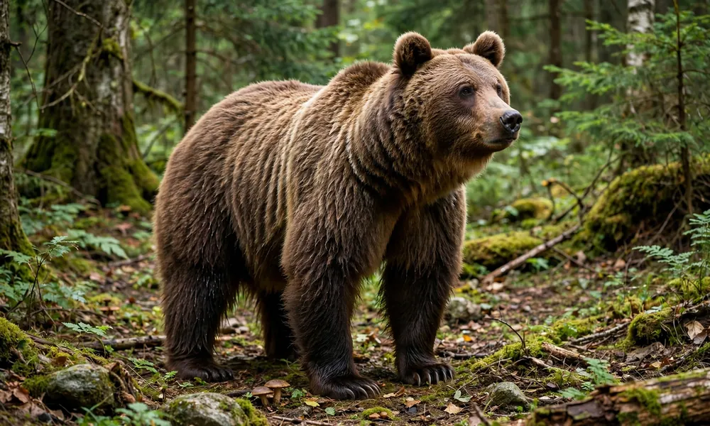 Brown bear standing in green forest with trees and moss