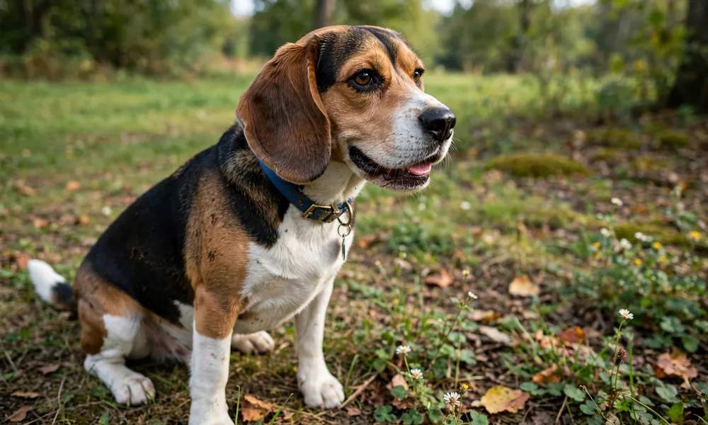 Beagle dog with brown black and white coat sitting outdoors