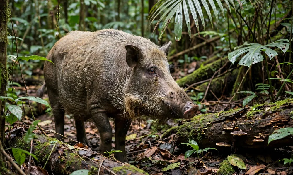 Wild bearded pig with long whiskers in tropical jungle