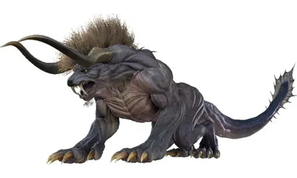 Illustration of a fierce, horned Behemoth creature with a shaggy mane crouching and snarling against a white background.