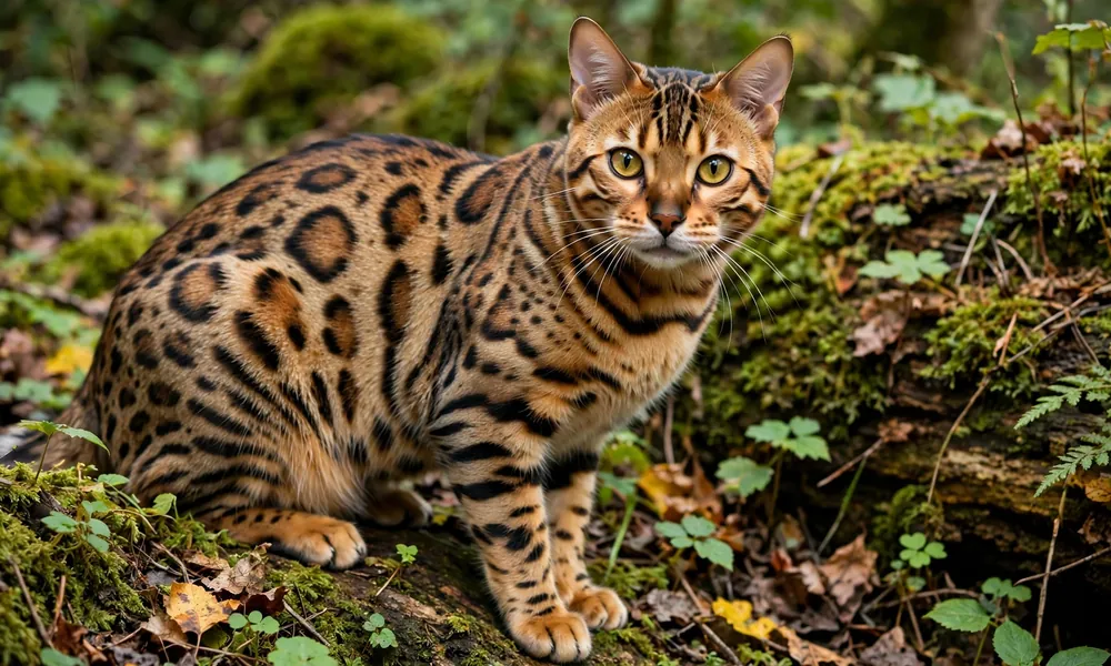 Bengal cat with rosette spots and green eyes in forest