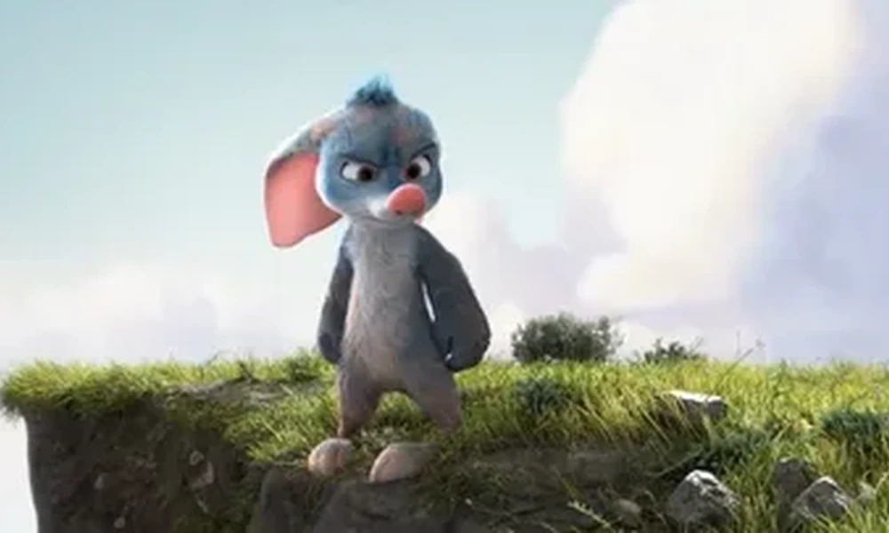 Animated bilby character with a blue-gray coat and large pink ears standing on a grassy cliff edge under a bright sky.