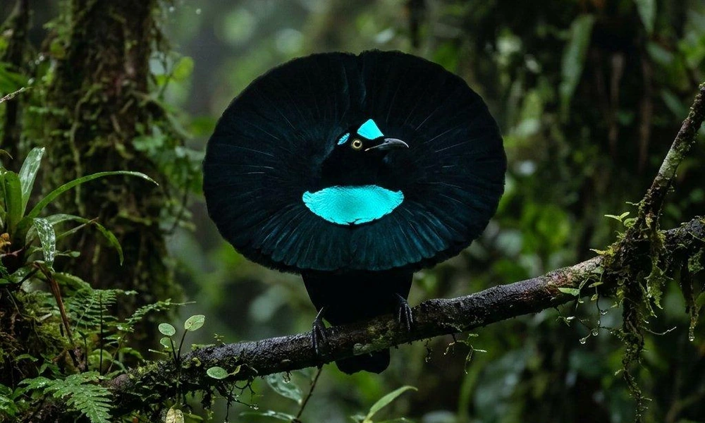 Male bird of paradise displaying colorful courtship feathers.