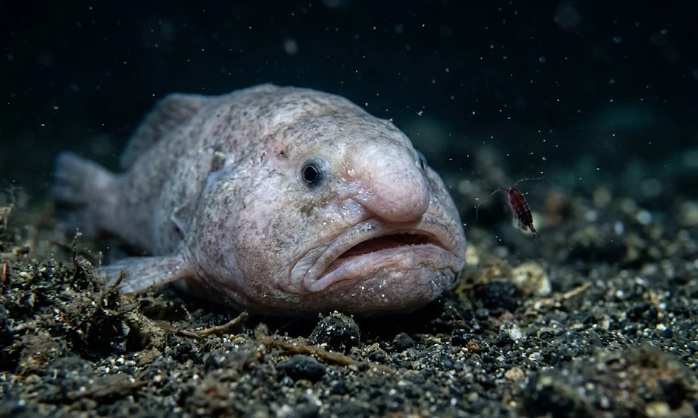 Close-up of a blobfish on dark gravel with a tiny red crustacean drifting nearby