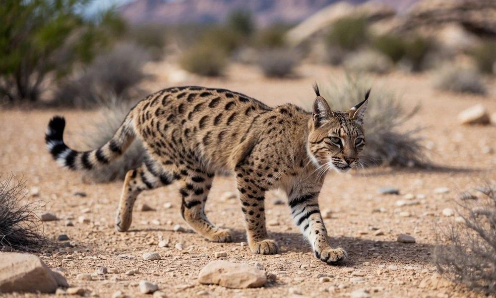 Bobcat walking across a rocky canyon habitat with sparse shrubs.