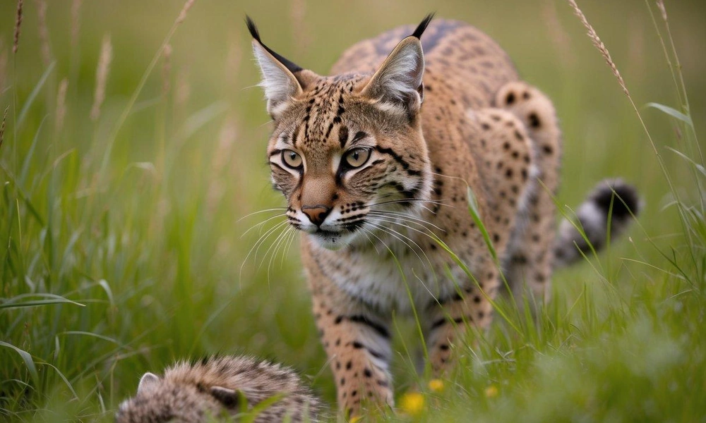 Bobcat crouching in tall grass while stalking prey.