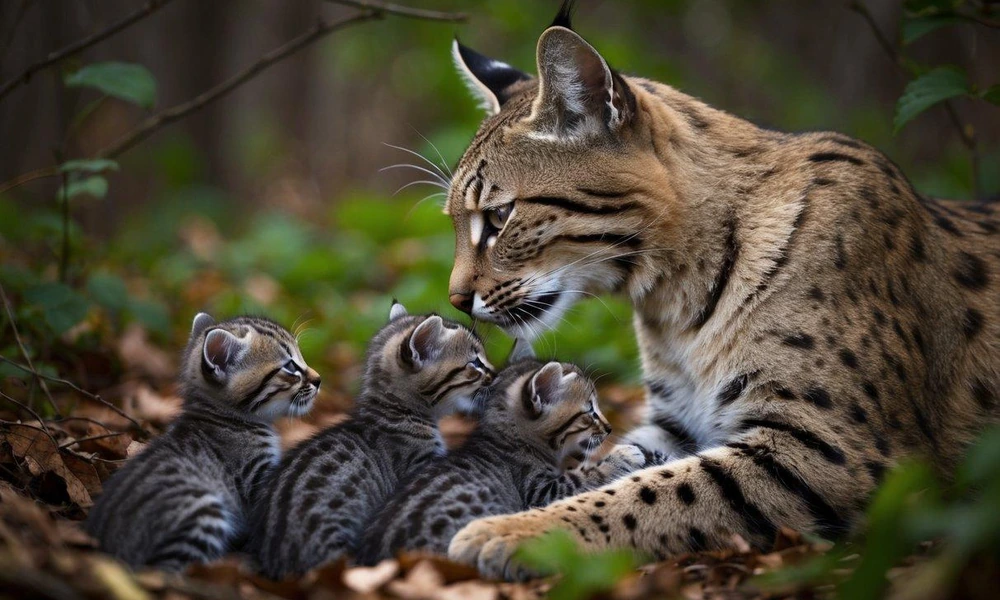 Mother bobcat resting beside her spotted kittens in a sheltered den.