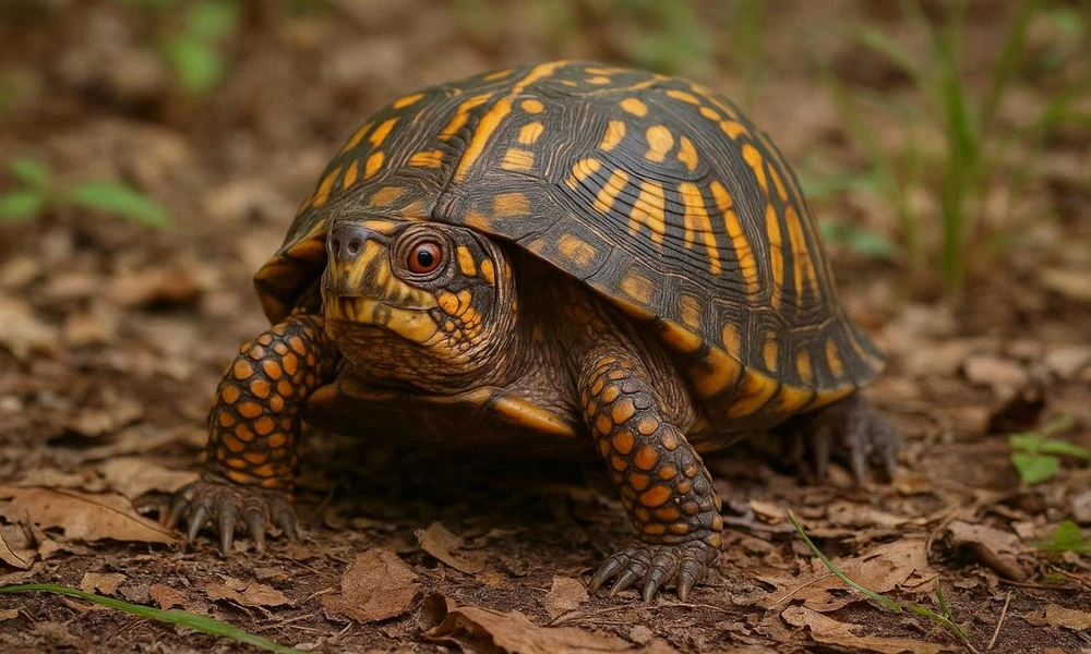 Eastern box turtle walking through fallen leaves.