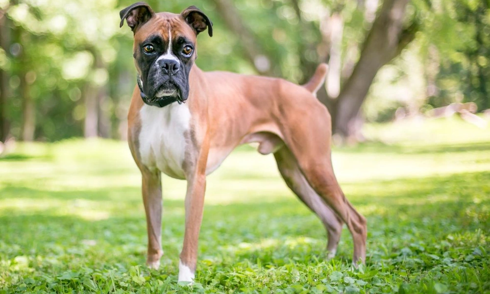 Fawn Boxer dog with a dark muzzle.