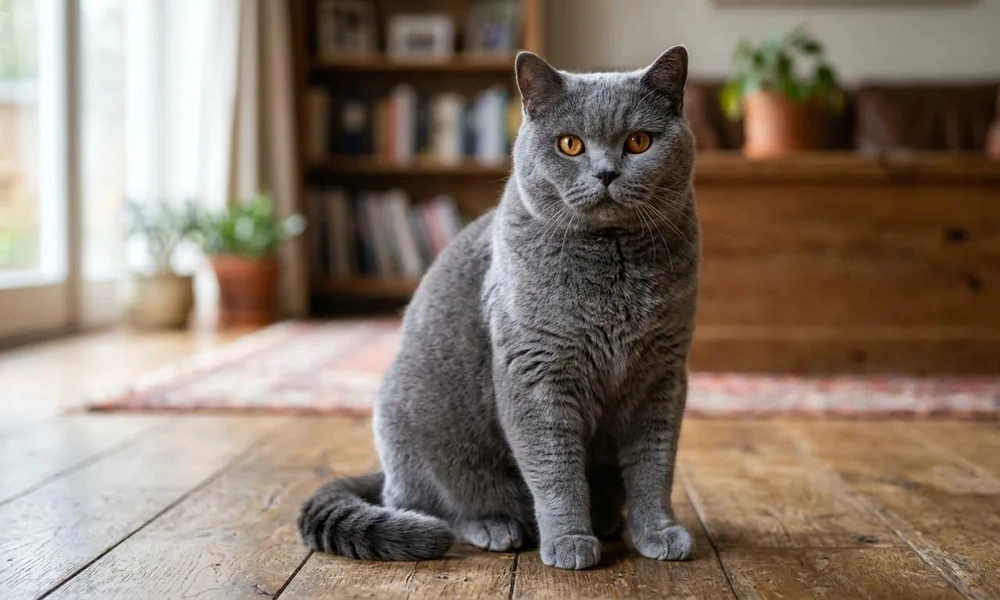 Blue-gray British Shorthair cat with copper eyes.