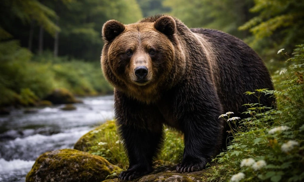 Brown bear standing beside a forest stream.