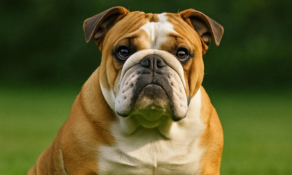 English Bulldog with a wrinkled face and short muzzle.