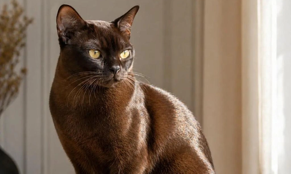 Burmese cat with a sleek brown coat and golden eyes.