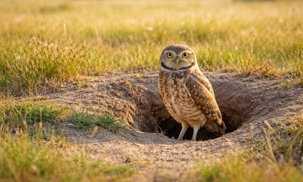 Burrowing owl standing beside its underground burrow.