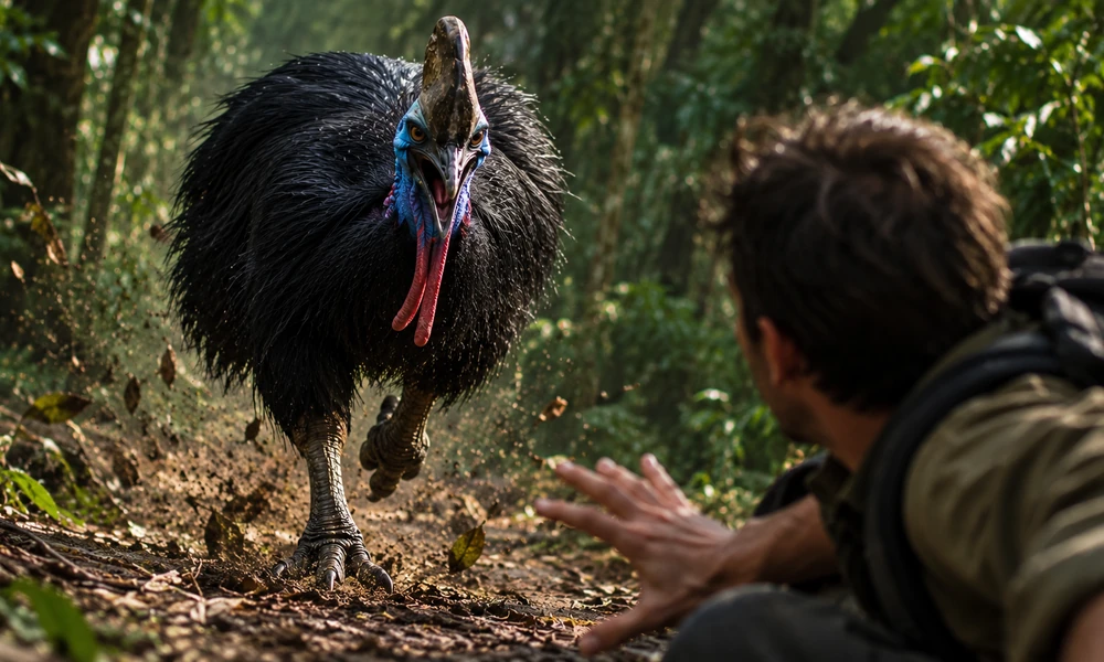 A cassowary charging toward a person on a forest trail with its beak open and one leg raised.