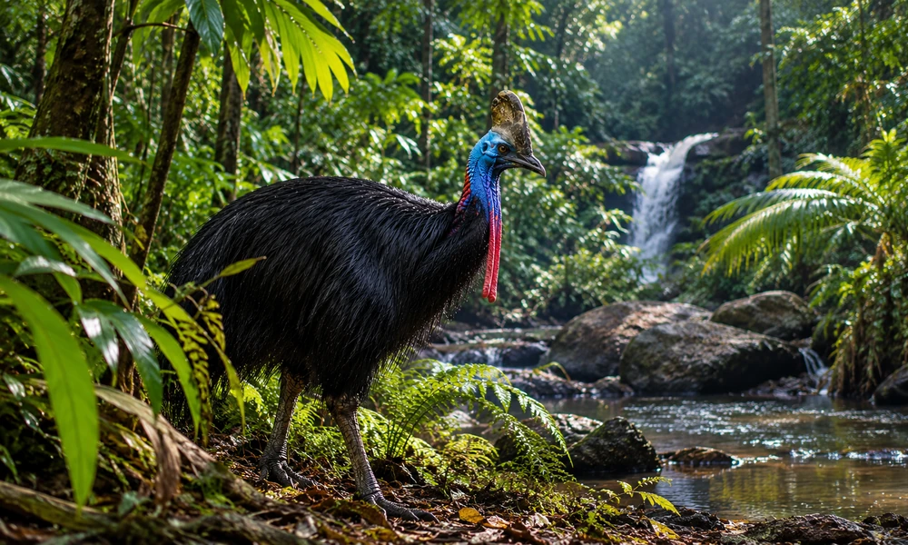 A cassowary standing beside a rocky stream surrounded by lush tropical rainforest vegetation.