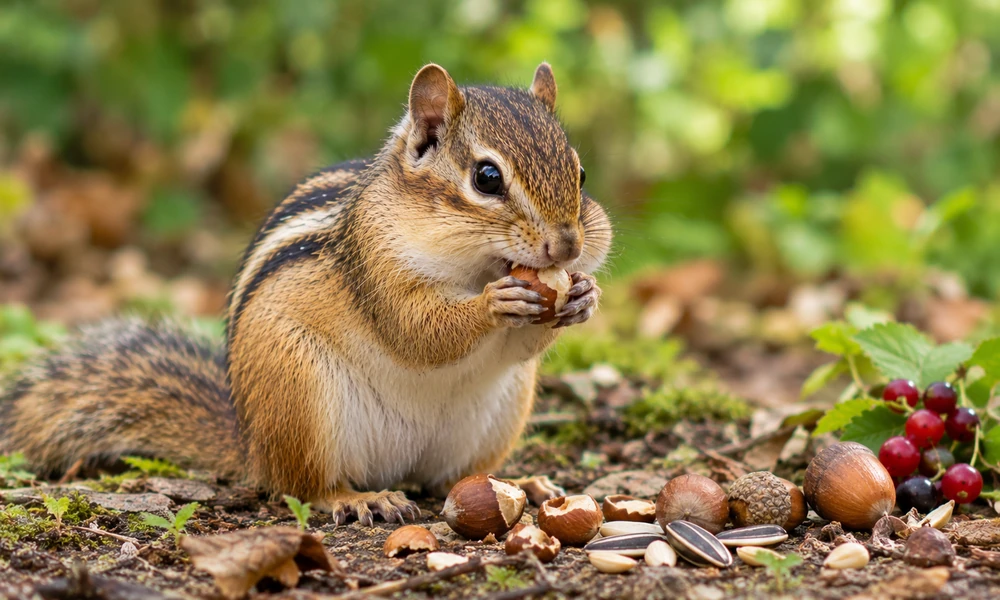 A chipmunk holding and eating a nut among acorns, seeds, and fallen leaves.