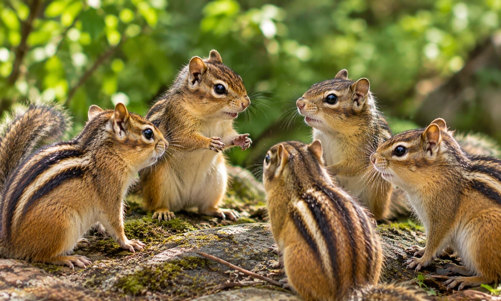 Five chipmunks gathered on a forest rock facing one another.