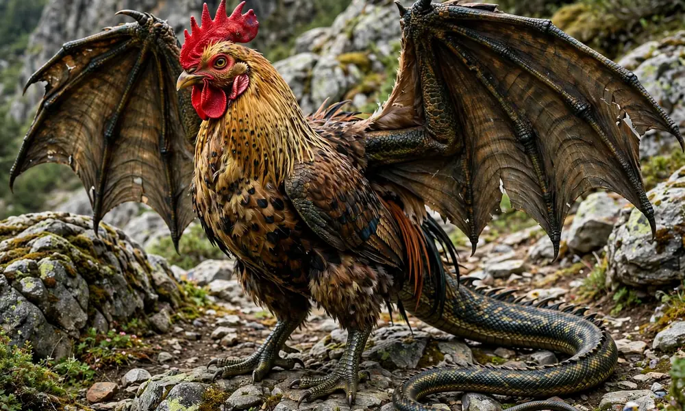  Photorealistic image of a Cockatrice mythical creature standing on rocky ground, featuring a rooster's red comb and wattle, golden-brown speckled feathers, large leathery bat-like dragon wings, and a long scaly serpent tail curled behind it, with rugged mountain terrain in the background.