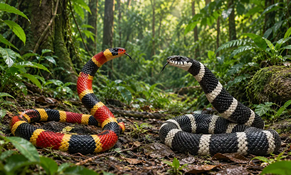Coral snake and king snake side by side on a rainforest floor