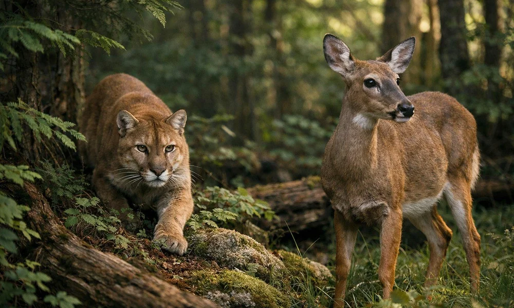 Mountain lion stalking a deer through natural woodland.