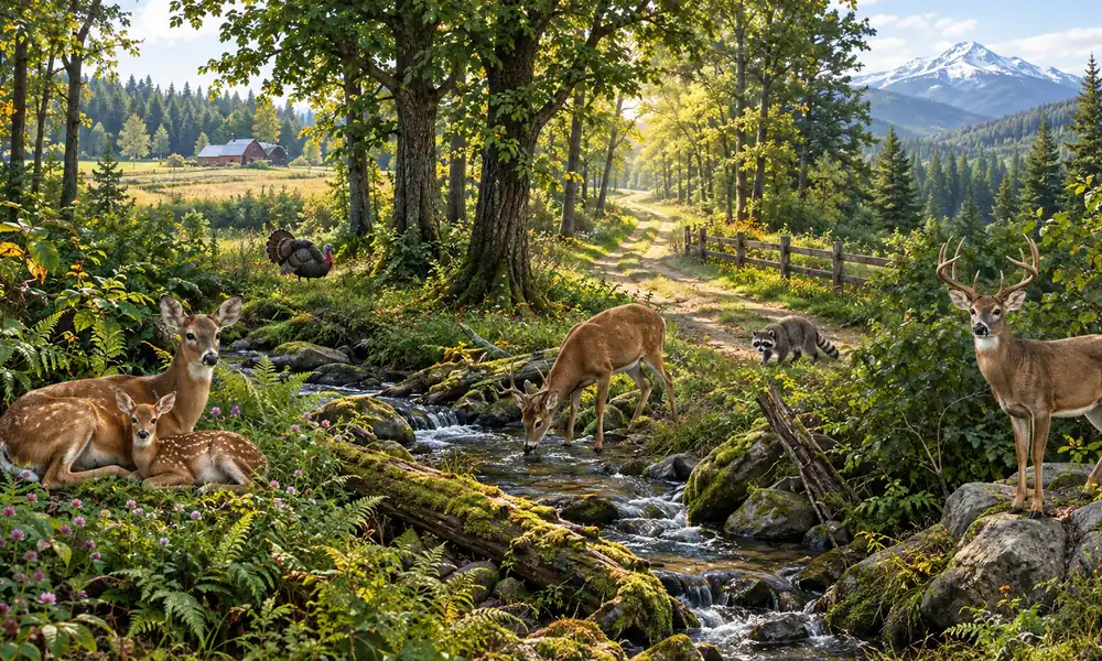 Deer resting and feeding beside a small stream in a forest with a snowy mountain in the distance