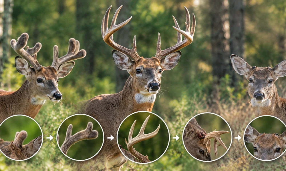 Three deer with antlers at different growth stages above a row of circles showing the antler cycle