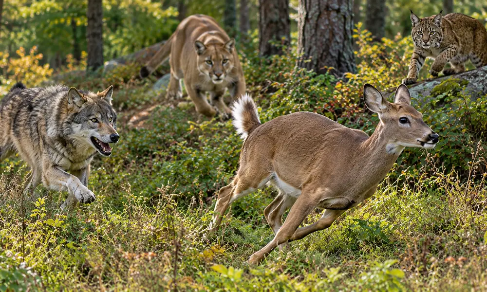 White-tailed deer running through the forest while a wolf and a mountain lion chase it