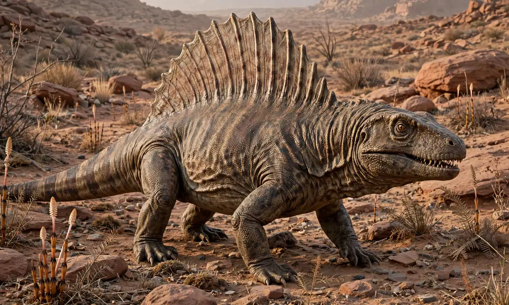 Photorealistic image of a Dimetrodon, an extinct sail-backed synapsid, walking in a rocky desert with sparse ancient plants and warm natural lighting.