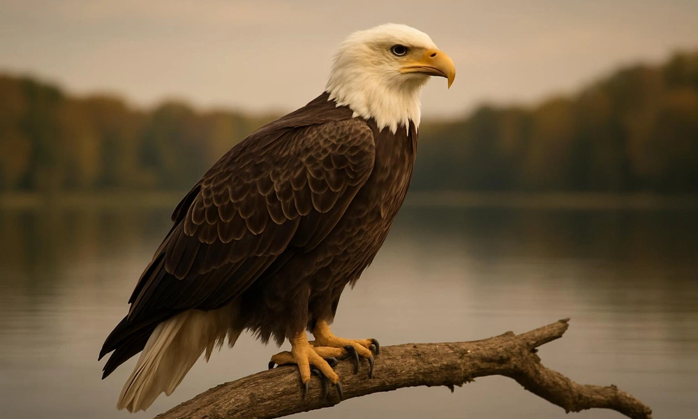 Bald eagle perched beside a North American lake.