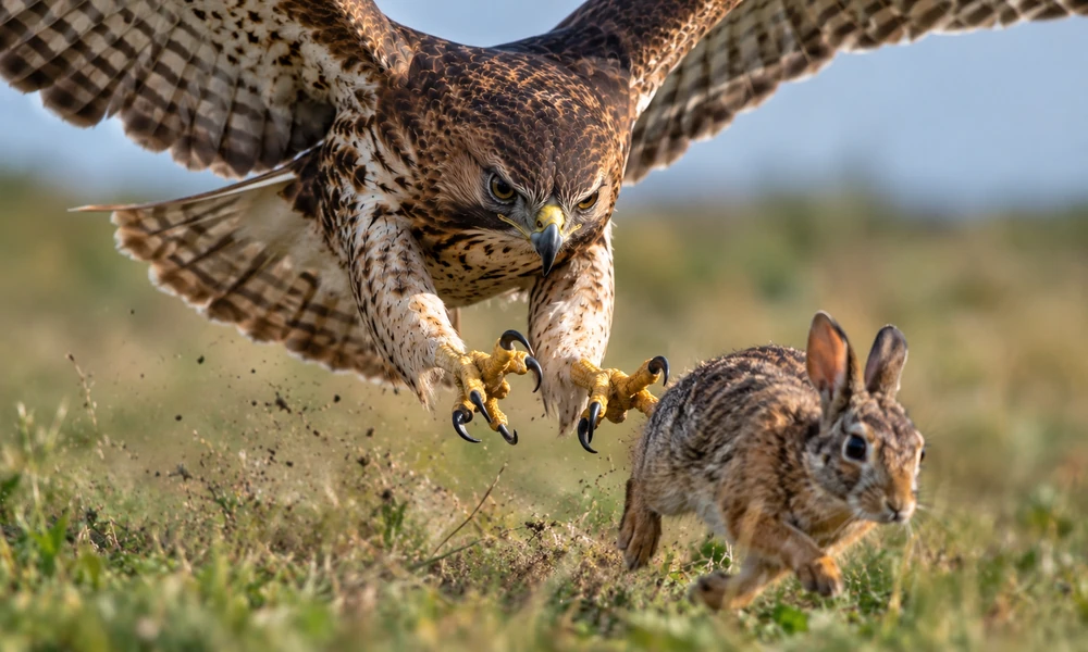 Hawk swooping toward a rabbit in a grassy field, showing its powerful talons and hunting behavior.