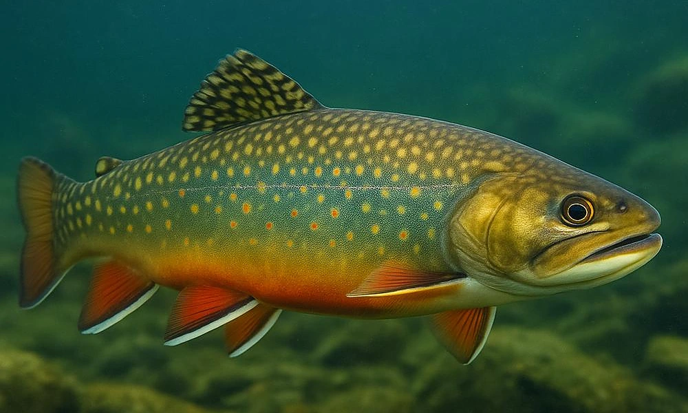 Brook trout showing red spots and colorful fins.