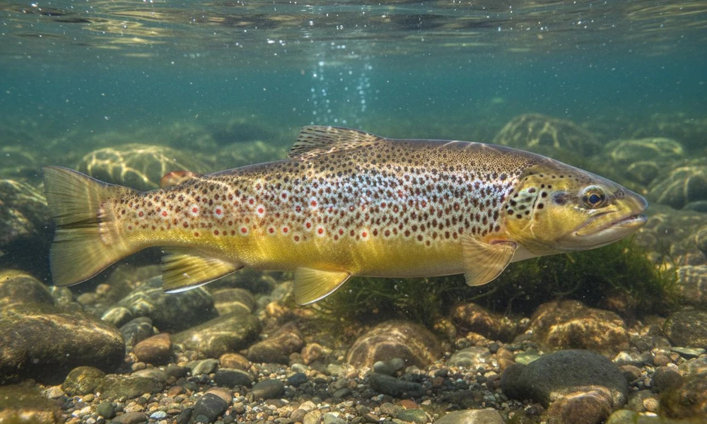 Brown trout swimming in a clear rocky river.