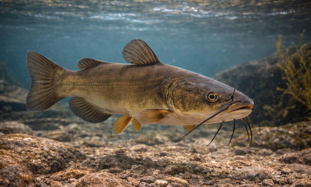 Brown bullhead catfish with prominent barbels.