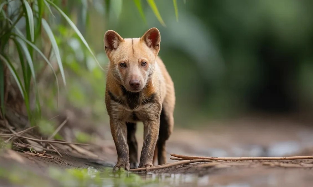Bush dog standing beside a rainforest stream.