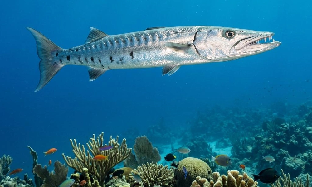 Great barracuda swimming above a coral reef.