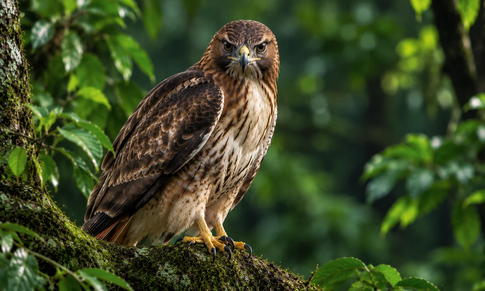 Hawk perched on a moss-covered tree branch in a dense green forest.