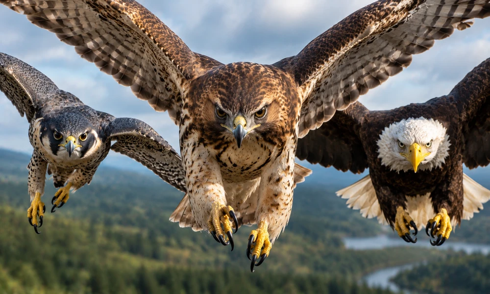 Three birds of prey flying together, including hawks and a bald eagle, over a forested landscape.
