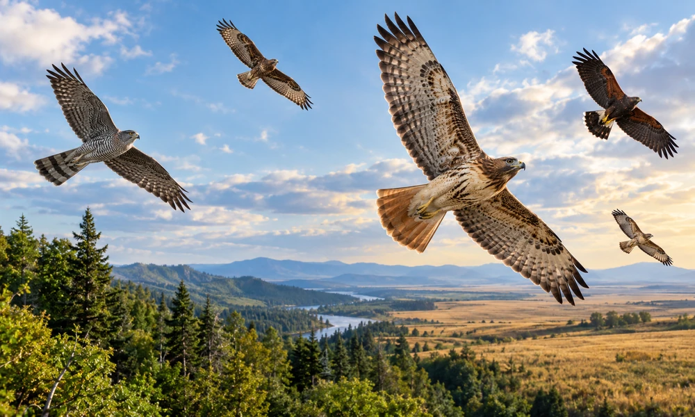 Several hawks flying over forests, fields, and mountains beneath a partly cloudy sky.
