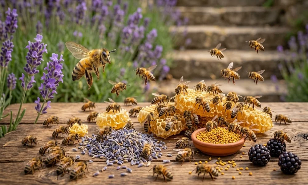 Honey bees swarming around honeycomb, pollen and lavender flowers on a wooden table.