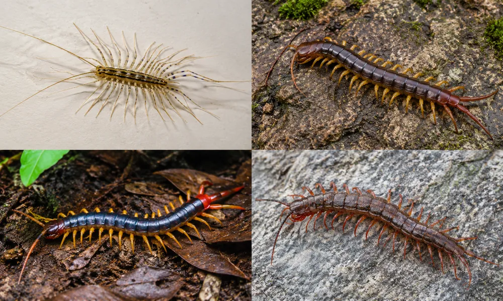 House centipede with long striped body and slender legs alongside other centipedes on natural surfaces.