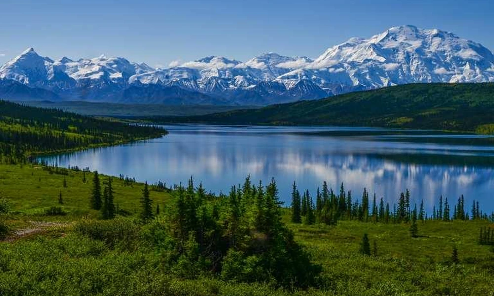Northern wilderness landscape with tundra, boreal forest, mountains, and a lake.