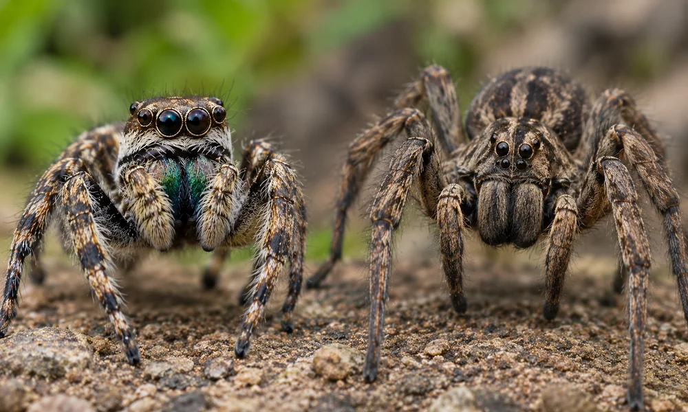 Two spiders side by side on rocky ground: a jumping spider on the left with large forward-facing eyes and iridescent green fangs, and a larger brown wolf spider on the right.