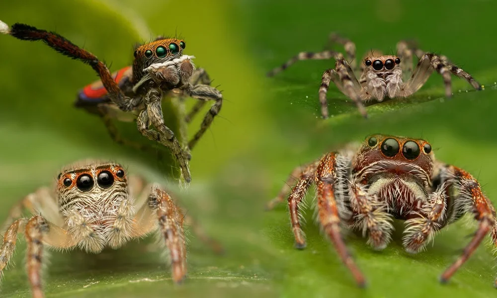 Collage of four jumping spiders on green leaves, including a colorful one with a raised white-tipped leg and three others facing the camera with large dark eyes.