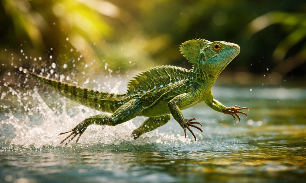 Basilisk lizard running across a tropical stream.