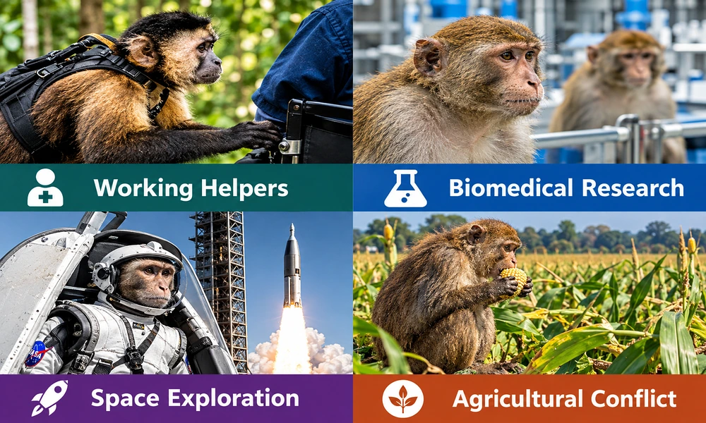 Four examples of monkeys in human activities, including working helpers, biomedical research, space exploration, and agricultural conflict.